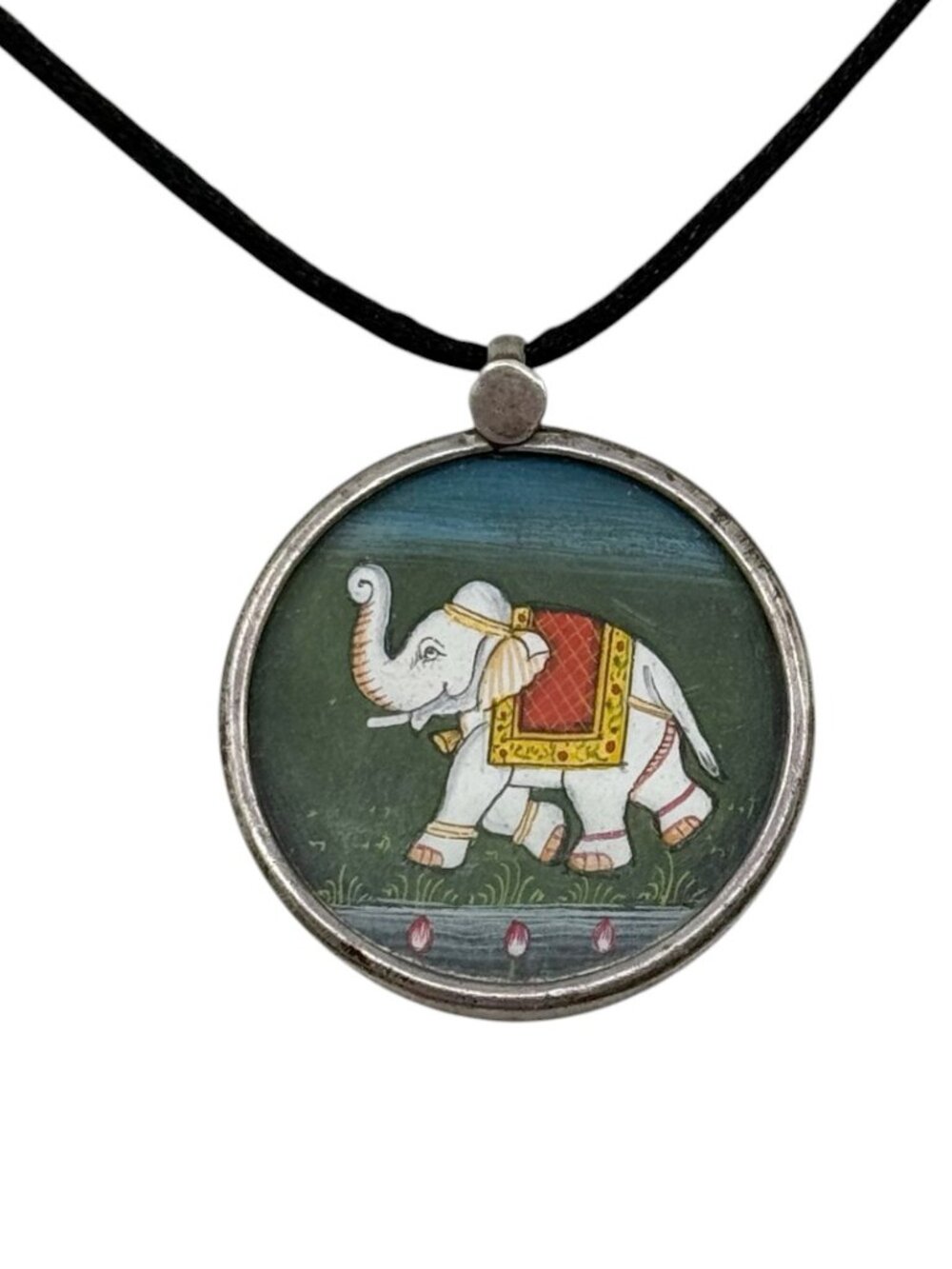 Vintage Indian sterling silver hand painting elephant pendant - GM1214